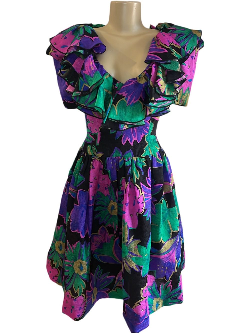 Vintage Morton Myles Silk Floral Ruffle Collar Midi Dress
